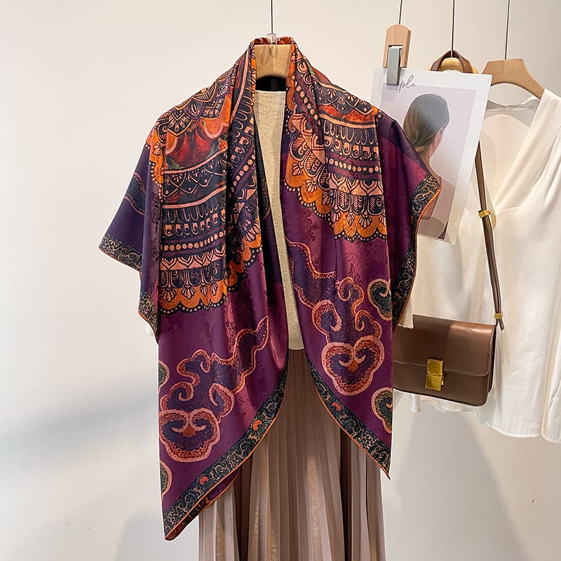 Ruutu sall retro rahvusliku stiili disainiga, lihtne kudumine, soe ja päikesekaitse, polüestrikanga, jacquard ja digitaalse trükiga