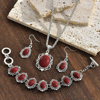 Bohem vintage ékszer szett — Nyaklánc, fülbevaló és karkötő, ötvözetből, hagyományos lánc, ötvözet medál, virágos mintázat