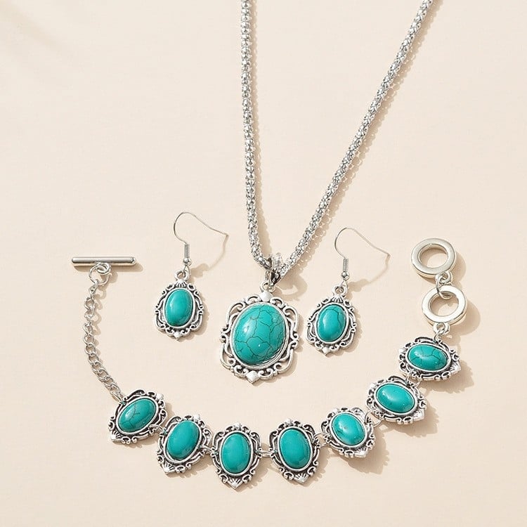 Bohem vintage ékszer szett — Nyaklánc, fülbevaló és karkötő, ötvözetből, hagyományos lánc, ötvözet medál, virágos mintázat