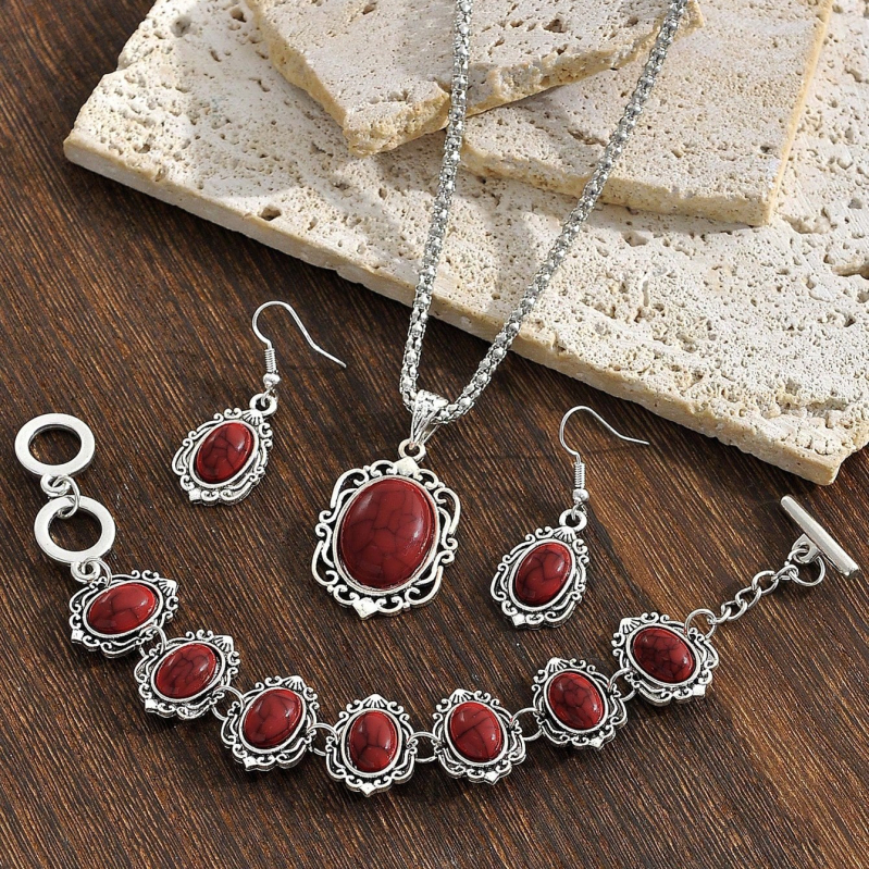 Bohem vintage ékszer szett — Nyaklánc, fülbevaló és karkötő, ötvözetből, hagyományos lánc, ötvözet medál, virágos mintázat