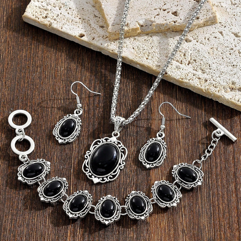 Bohem vintage ékszer szett — Nyaklánc, fülbevaló és karkötő, ötvözetből, hagyományos lánc, ötvözet medál, virágos mintázat