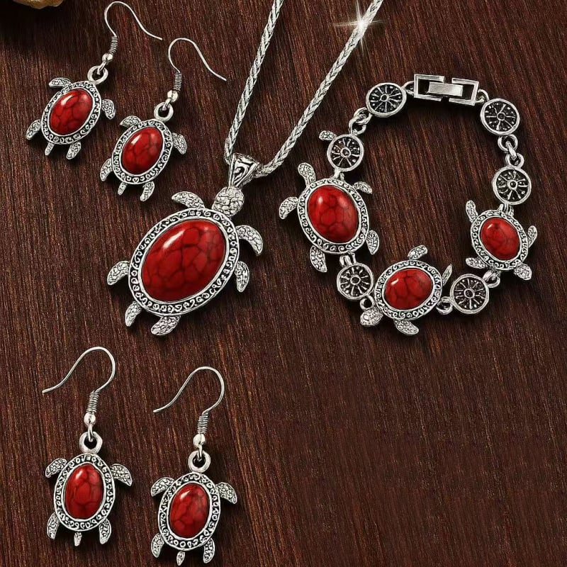 Bohem vintage ékszer szett — Nyaklánc, fülbevaló és karkötő, ötvözetből, hagyományos lánc, ötvözet medál, virágos mintázat