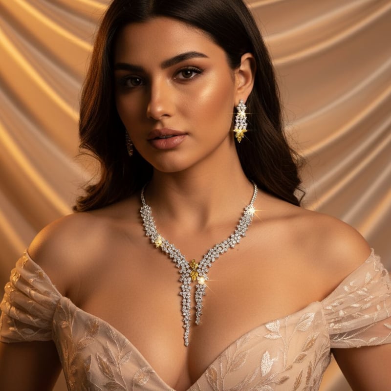 Flóra motívumos cirkóniás nyaklánc és fülbevaló szett, hosszú medállal, réz anyag, kevert kövek berakásával