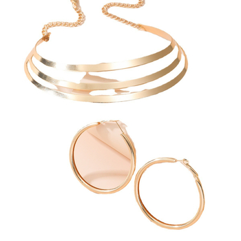 Ékszerszett: cinkötvözet, elektrolitikus galvanizálás, többszintű geometriai üreges dizájn, fülbevaló + nyaklánc + karkötő, hagyományos lánccal