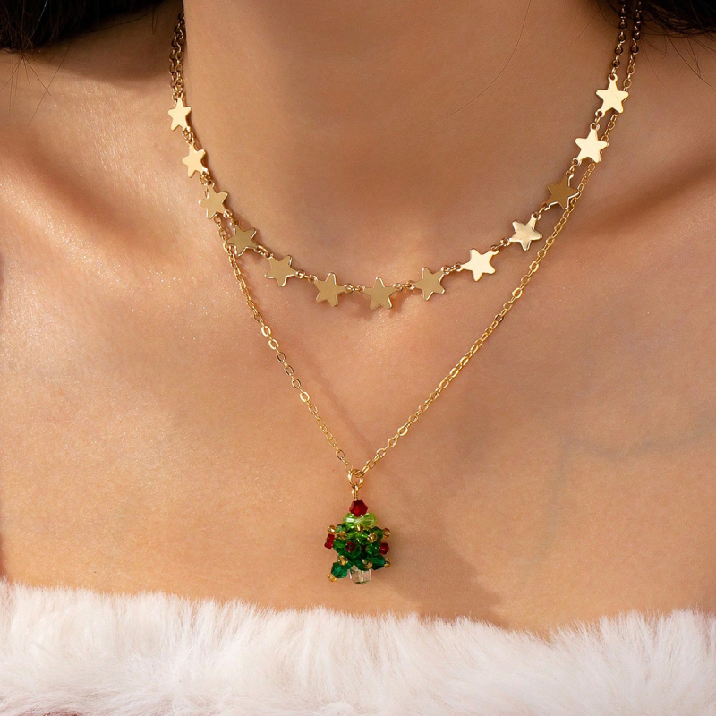 Stackable karácsonyi fa medálos nyaklánc készlet – fém, cinkötvözet, geometriai forma, karácsonyi stílus, 2025 ősszel megjelenés