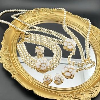 Ékszerszett: virág alakú gyöngyös nyaklánc és fülbevaló, O-lánc, többszörös rétegű, medál ötvözetből