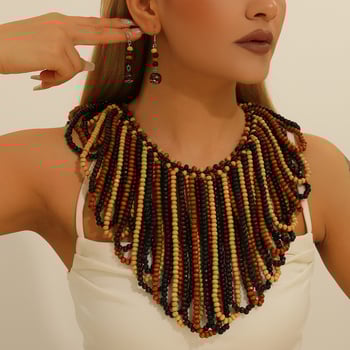 Fa gyöngyös tassel nyaklánc és fülbevaló készlet; többszintű, virágos mintázat; anyag: fa; feldolgozás: sütött festék; lánc stílus: golyó lánc; készlet: fülbevaló + nyaklánc