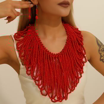 Fa gyöngyös tassel nyaklánc és fülbevaló készlet; többszintű, virágos mintázat; anyag: fa; feldolgozás: sütött festék; lánc stílus: golyó lánc; készlet: fülbevaló + nyaklánc