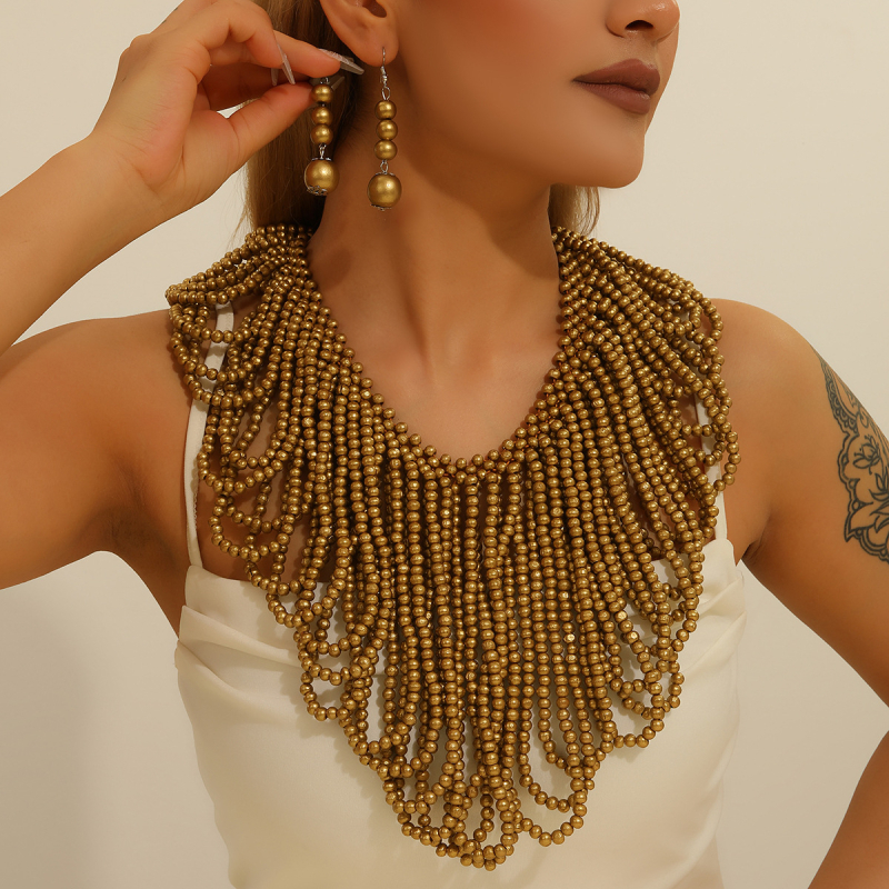 Fa gyöngyös tassel nyaklánc és fülbevaló készlet; többszintű, virágos mintázat; anyag: fa; feldolgozás: sütött festék; lánc stílus: golyó lánc; készlet: fülbevaló + nyaklánc