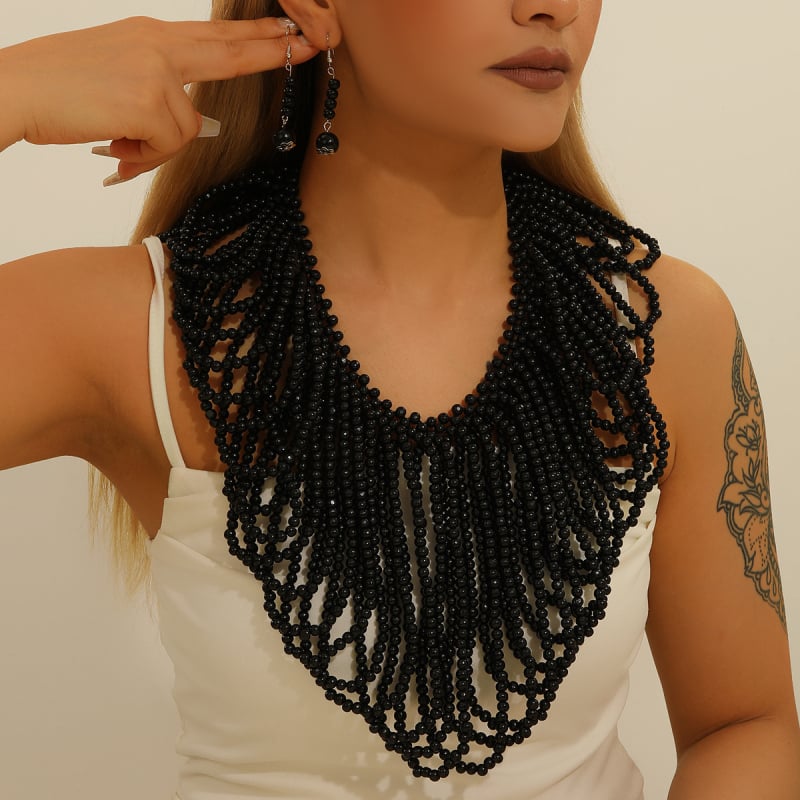 Fa gyöngyös tassel nyaklánc és fülbevaló készlet; többszintű, virágos mintázat; anyag: fa; feldolgozás: sütött festék; lánc stílus: golyó lánc; készlet: fülbevaló + nyaklánc