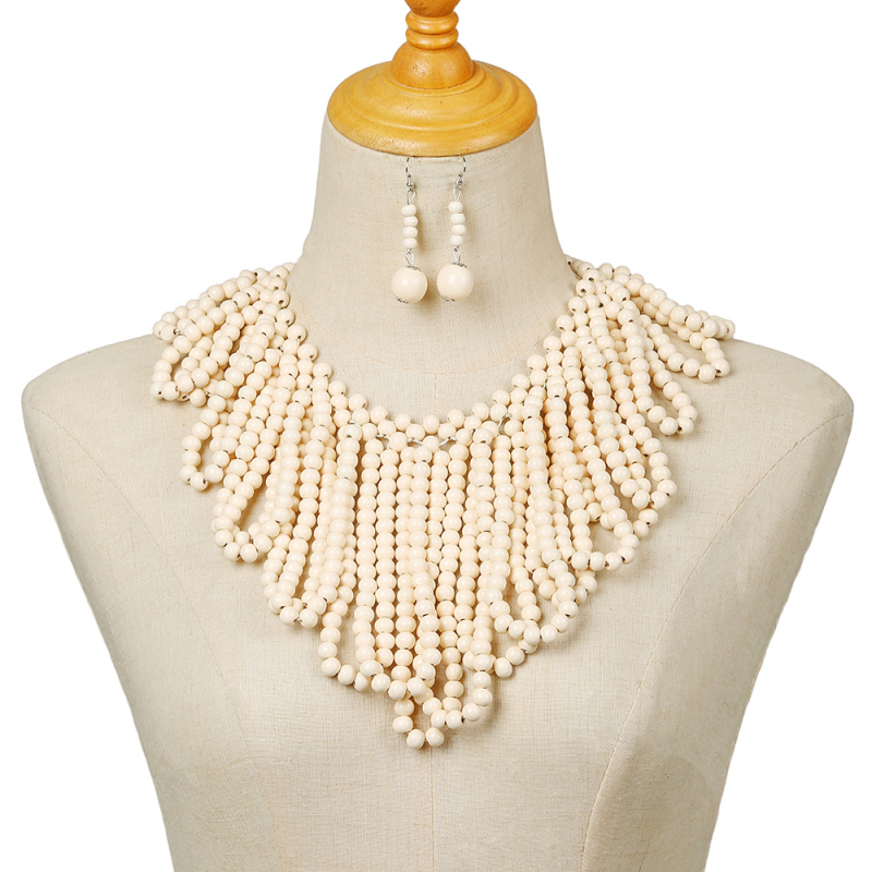 Fa gyöngyös tassel nyaklánc és fülbevaló készlet; többszintű, virágos mintázat; anyag: fa; feldolgozás: sütött festék; lánc stílus: golyó lánc; készlet: fülbevaló + nyaklánc