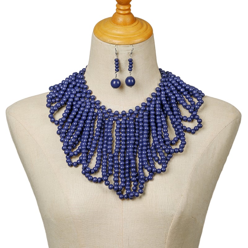 Fa gyöngyös tassel nyaklánc és fülbevaló készlet; többszintű, virágos mintázat; anyag: fa; feldolgozás: sütött festék; lánc stílus: golyó lánc; készlet: fülbevaló + nyaklánc