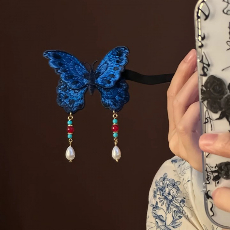 Drvena ukosnica za kosu u obliku leptira s resom i šivanjem, Hanfu dodatak, vintage stil