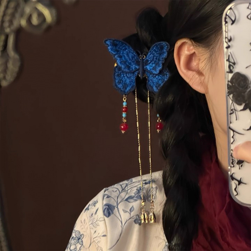 Drvena ukosnica za kosu u obliku leptira s resom i šivanjem, Hanfu dodatak, vintage stil