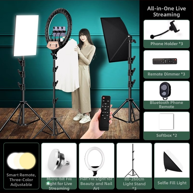 LED riņķa gaisma fotogrāfijai un tiešraidei, regulējams spilgtums, trīs krāsu temperatūras, 10–50W, 220V