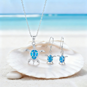 Set ogrlice s Opal Epoksi privjeskom i naušnicama s motivom kornjače – Materijal: željezna legura; Lanac: O-oblik; Privjesak: legura; Završna obrada: elektroplatiranje; Stil: svježe i slatko