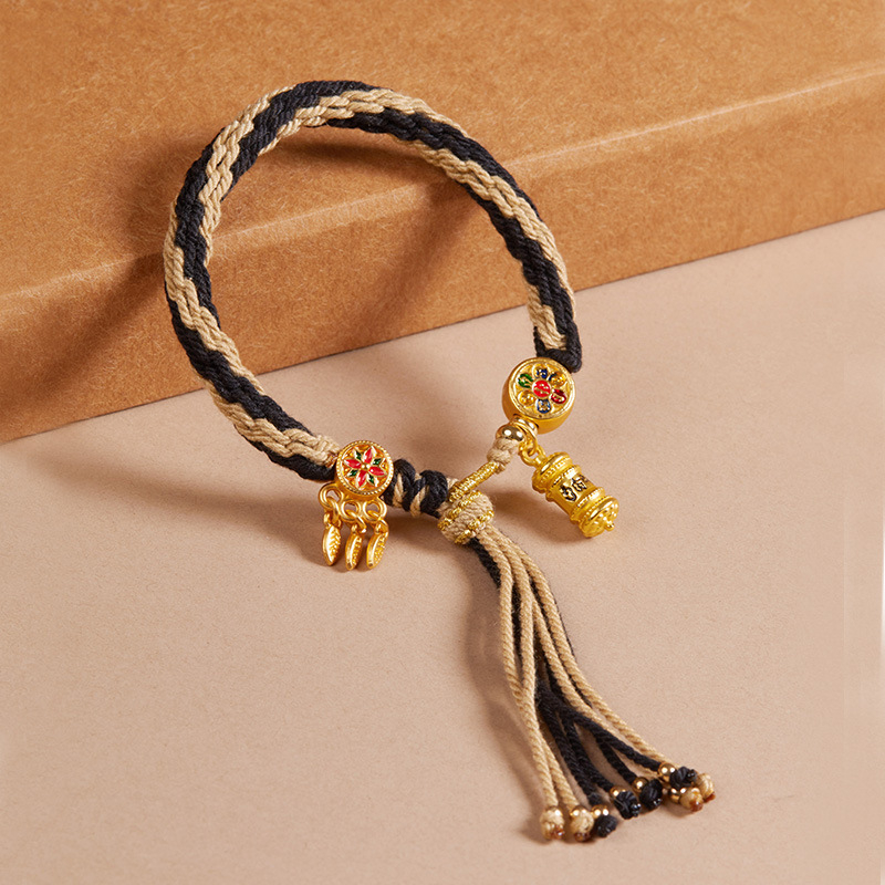 Τιβέτια Χειροποίητο Πλεκτό Βραχιόλι με Μάντρα – Προσαρμόσιμο, Εθνοτικό Στυλ, Unisex, Μάντρα έξι χαρακτήρων