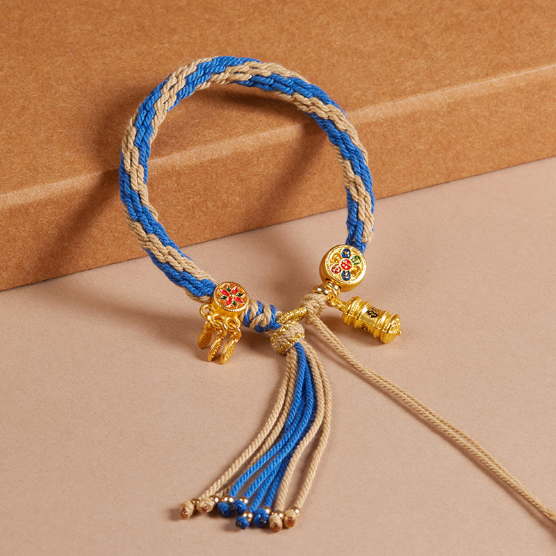 Τιβέτια Χειροποίητο Πλεκτό Βραχιόλι με Μάντρα – Προσαρμόσιμο, Εθνοτικό Στυλ, Unisex, Μάντρα έξι χαρακτήρων