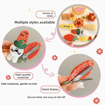Lastele mõeldud juukseaksessuaaride komplekt — käsitöö kõrval klips lillmotiiviga joonistusstiilis, vanuserühm 3–10 aastat.