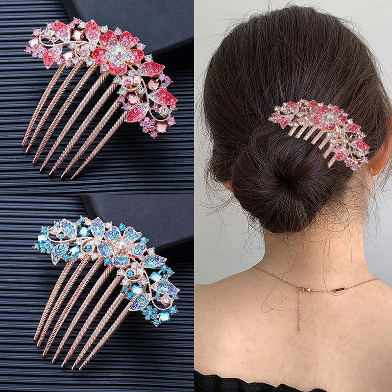 Korejskog stila metalni češalj za kosu s cvjetnim dizajnom i rhinestones kristalima, sedmerozubi, elektroplatirano