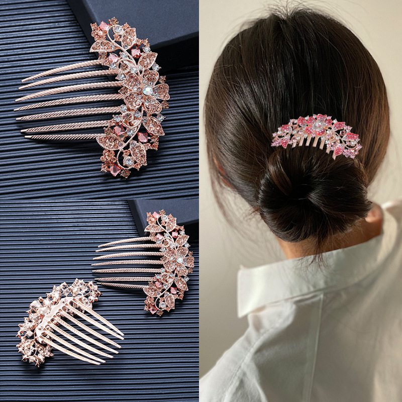 Korejskog stila metalni češalj za kosu s cvjetnim dizajnom i rhinestones kristalima, sedmerozubi, elektroplatirano