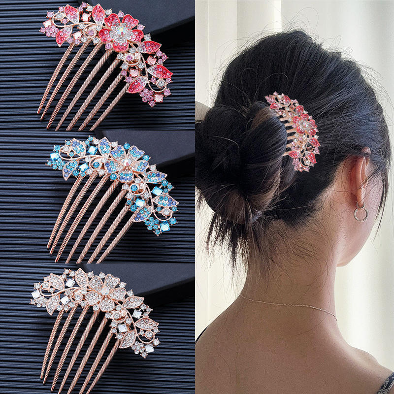Korejskog stila metalni češalj za kosu s cvjetnim dizajnom i rhinestones kristalima, sedmerozubi, elektroplatirano