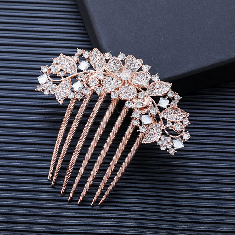 Korejskog stila metalni češalj za kosu s cvjetnim dizajnom i rhinestones kristalima, sedmerozubi, elektroplatirano