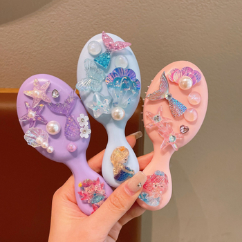 Детски гребен за коса с въздушна подложка, карикатурен стил и принцеса русалка, ръчно изработен, пластмаса/смола, аметистов кристал