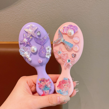 Детски гребен за коса с въздушна подложка, карикатурен стил и принцеса русалка, ръчно изработен, пластмаса/смола, аметистов кристал