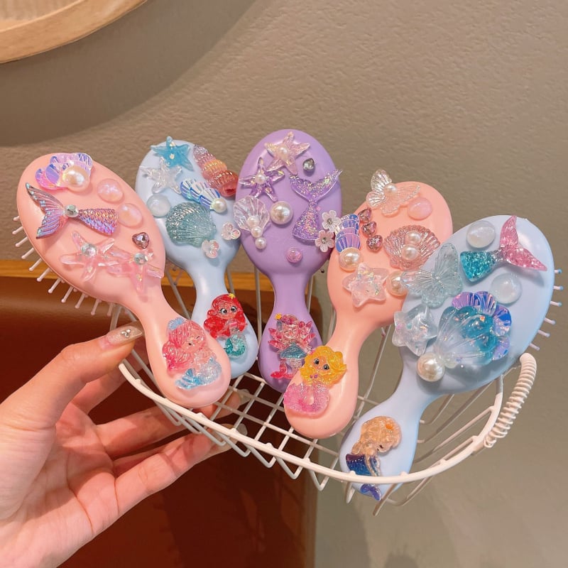 Детски гребен за коса с въздушна подложка, карикатурен стил и принцеса русалка, ръчно изработен, пластмаса/смола, аметистов кристал