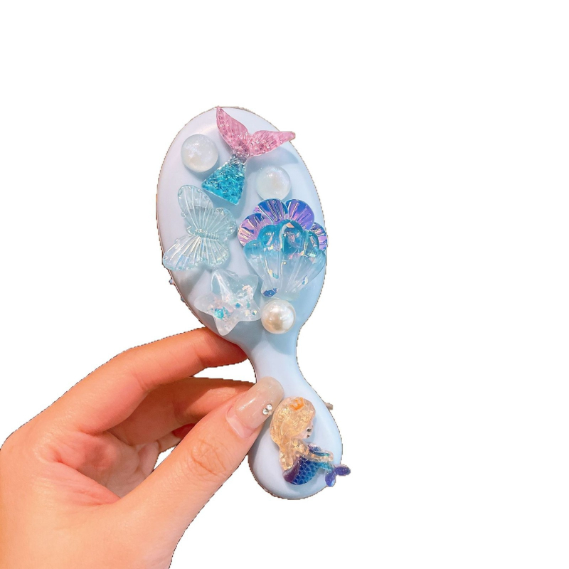 Детски гребен за коса с въздушна подложка, карикатурен стил и принцеса русалка, ръчно изработен, пластмаса/смола, аметистов кристал