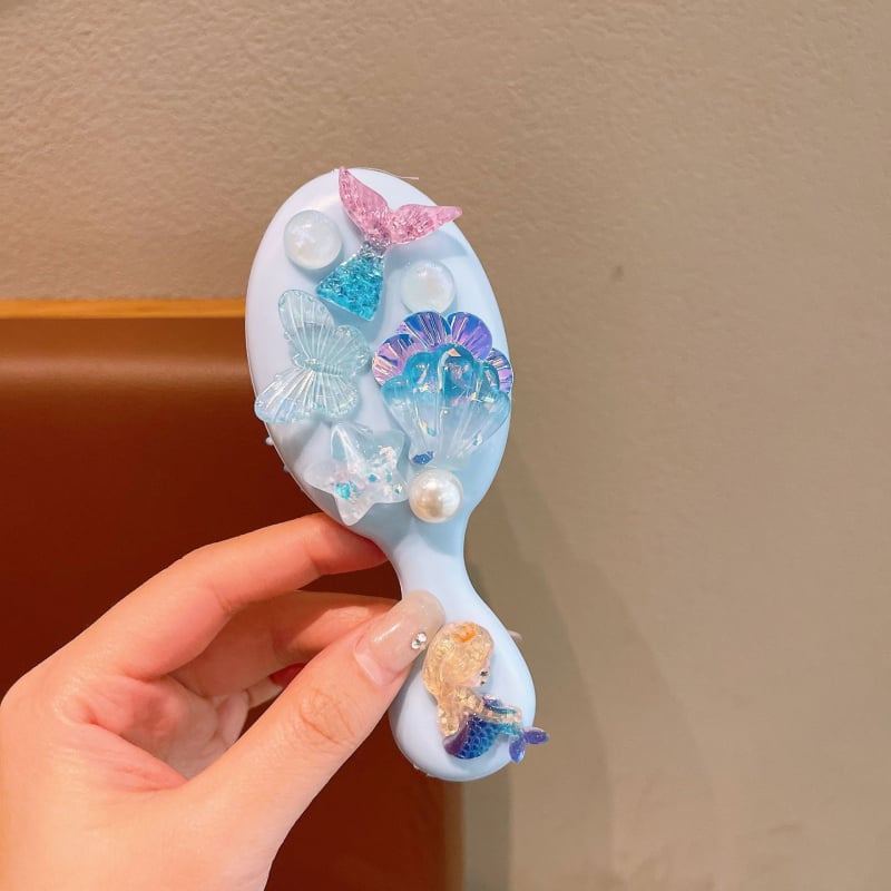 Детски гребен за коса с въздушна подложка, карикатурен стил и принцеса русалка, ръчно изработен, пластмаса/смола, аметистов кристал