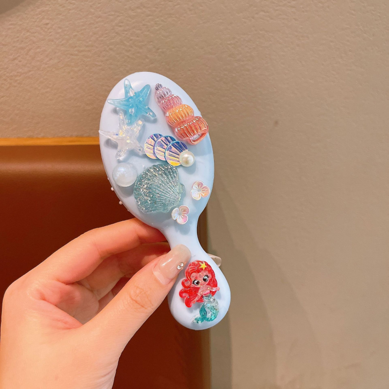 Детски гребен за коса с въздушна подложка, карикатурен стил и принцеса русалка, ръчно изработен, пластмаса/смола, аметистов кристал