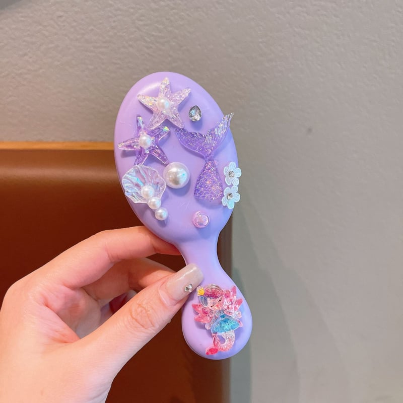 Детски гребен за коса с въздушна подложка, карикатурен стил и принцеса русалка, ръчно изработен, пластмаса/смола, аметистов кристал