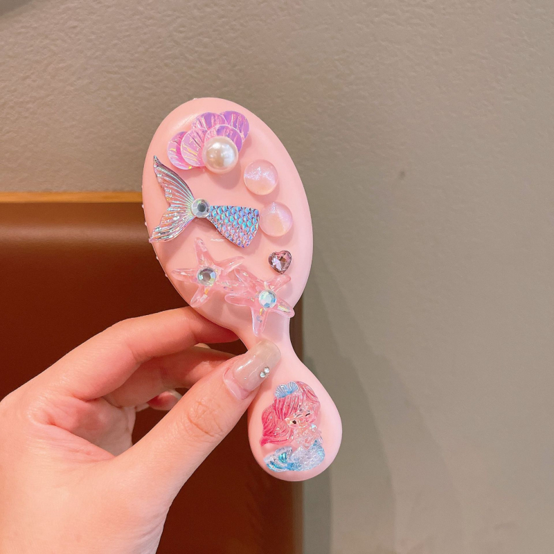Детски гребен за коса с въздушна подложка, карикатурен стил и принцеса русалка, ръчно изработен, пластмаса/смола, аметистов кристал