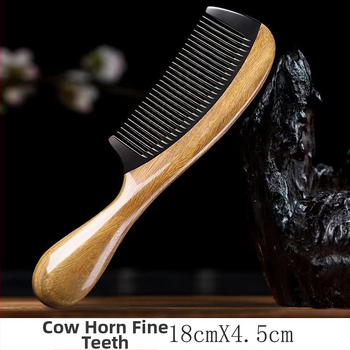 Дървен гребен за коса, сандалово дърво с рогови акценти, кръгла глава, гъсти зъби, дръжка с форма на барабан