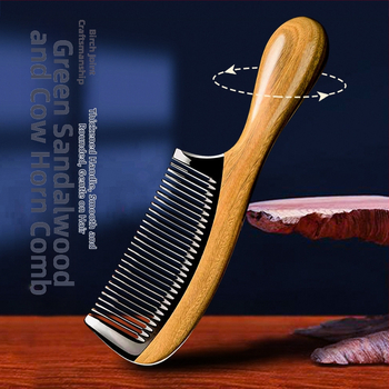 Дървен гребен за коса, сандалово дърво с рогови акценти, кръгла глава, гъсти зъби, дръжка с форма на барабан