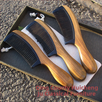 Дървен гребен за коса, сандалово дърво с рогови акценти, кръгла глава, гъсти зъби, дръжка с форма на барабан