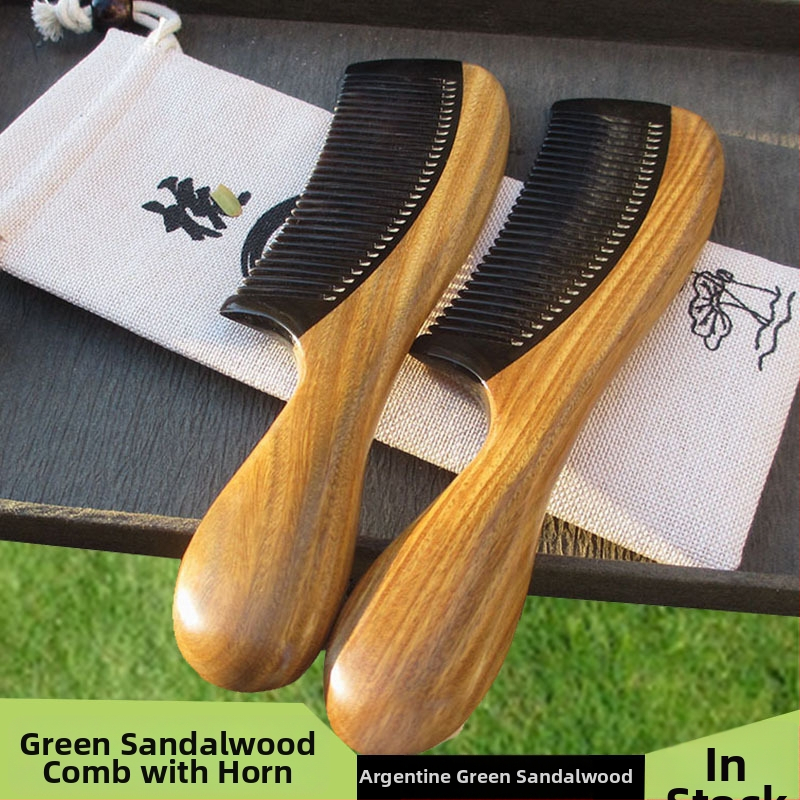 Дървен гребен за коса, сандалово дърво с рогови акценти, кръгла глава, гъсти зъби, дръжка с форма на барабан
