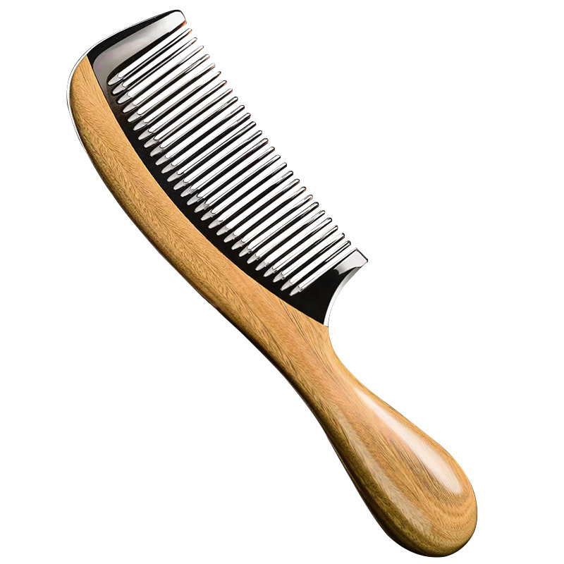 Дървен гребен за коса, сандалово дърво с рогови акценти, кръгла глава, гъсти зъби, дръжка с форма на барабан