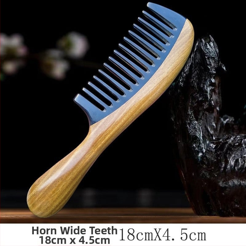 Дървен гребен за коса, сандалово дърво с рогови акценти, кръгла глава, гъсти зъби, дръжка с форма на барабан