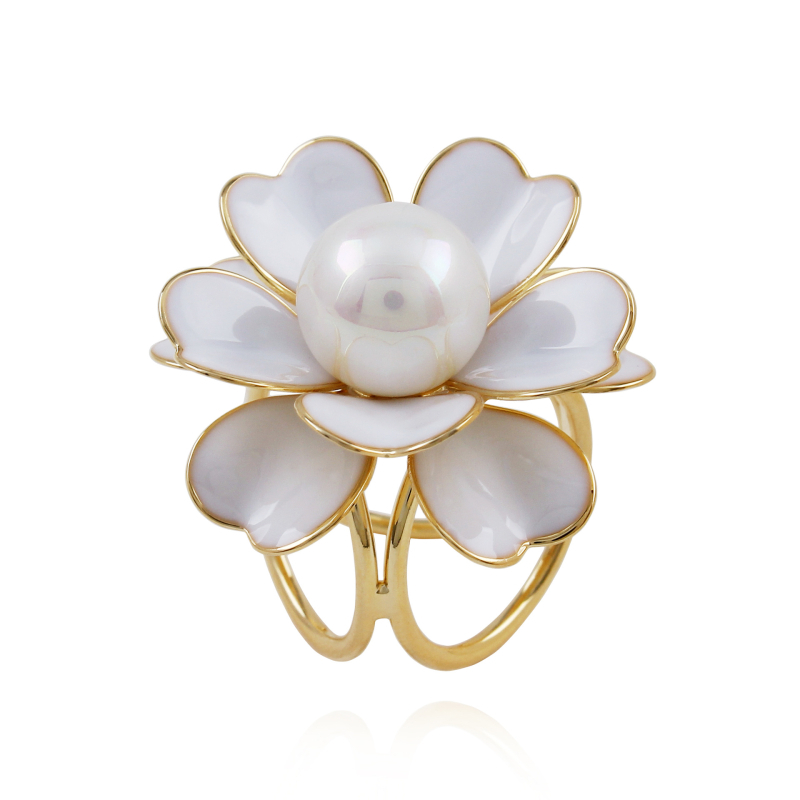 Κούμπωμα για φουλάρι από μετάξι με τρία δαχτυλίδια σε σχήμα Καμέλια, με μαργαριάρια ενσωματωμένα, χαλκός, ιαπωνο-κορεατικό στυλ