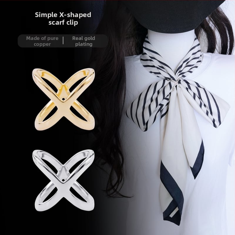 Γυναικεία αγκράφα από χαλκό σε X-σχήμα για σάλι με επίχρυση επικάλυψη και χρυσές ενθέσεις