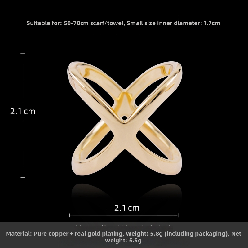 Γυναικεία αγκράφα από χαλκό σε X-σχήμα για σάλι με επίχρυση επικάλυψη και χρυσές ενθέσεις