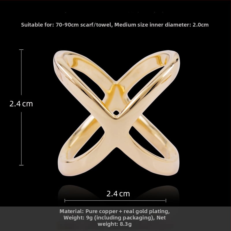 Γυναικεία αγκράφα από χαλκό σε X-σχήμα για σάλι με επίχρυση επικάλυψη και χρυσές ενθέσεις