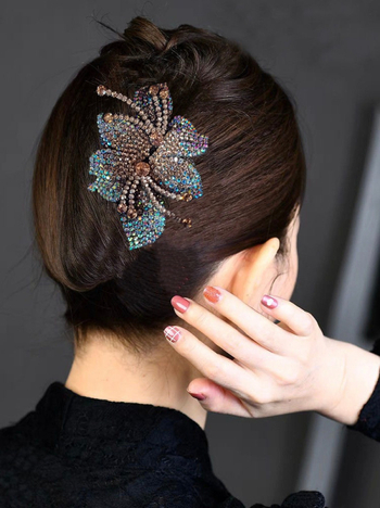 Clip de păr cu floare din rhinestone, lucrat manual, stil office pentru femei, cristal ametist