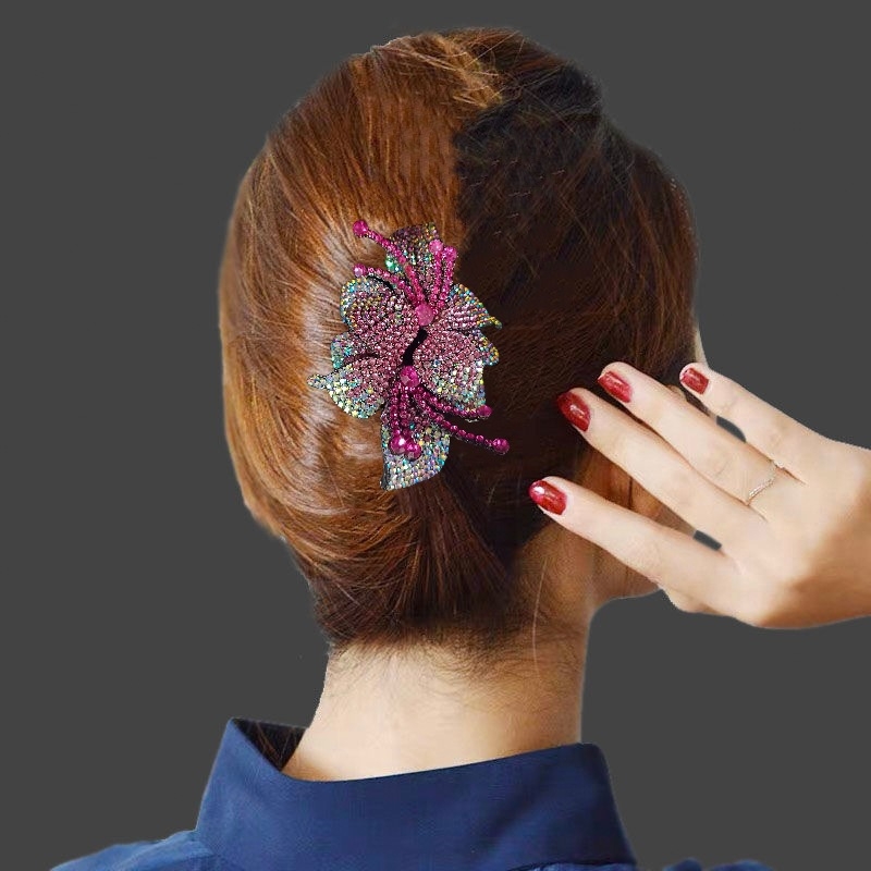 Clip de păr cu floare din rhinestone, lucrat manual, stil office pentru femei, cristal ametist