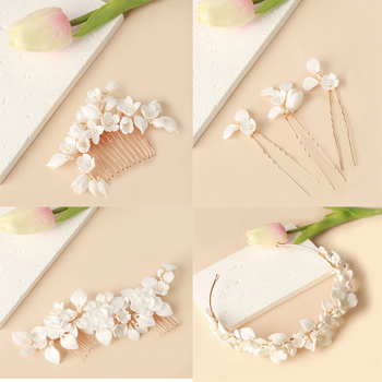 Керамична цветна корона за булки с листен дизайн, ръчна изработка, бели кристали