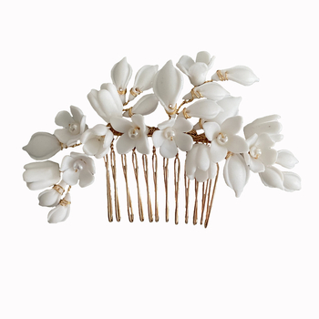 Керамична цветна корона за булки с листен дизайн, ръчна изработка, бели кристали