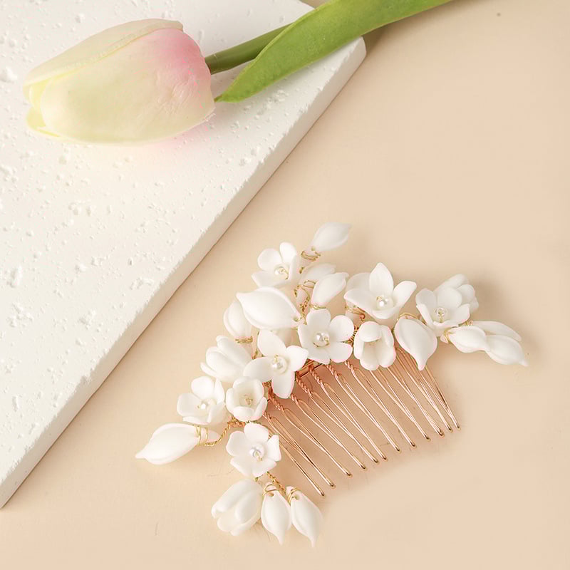 Керамична цветна корона за булки с листен дизайн, ръчна изработка, бели кристали